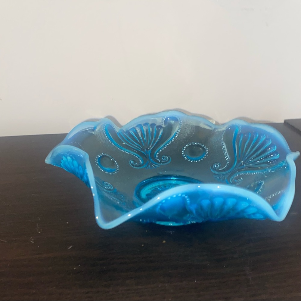 2 available  Blue Opalescent Jewel & Fan print Ruffled Bowls by Jefferson Glass